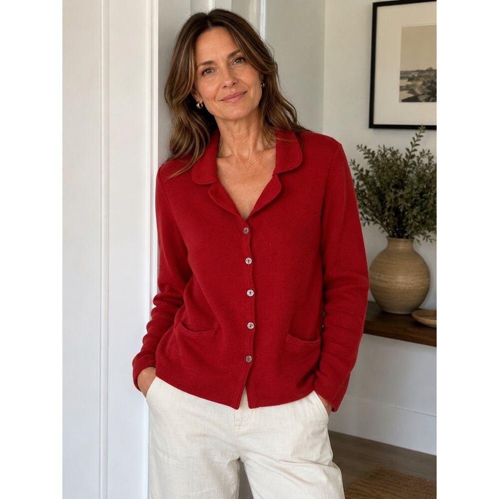 Vintage Donadio Red Knit Cardigan Sweater Italy Collared Button Front Medium